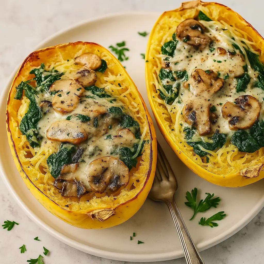 Creamy Spinach and Mushroom Stuffed Spaghetti Squash with bubbling cheese