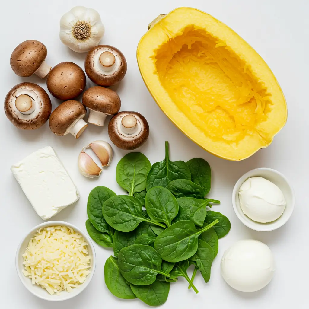 Ingredients for Creamy Spinach and Mushroom Stuffed Spaghetti Squash