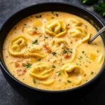 Creamy Tuscan Garlic Tortellini Soup served in a rustic bowl