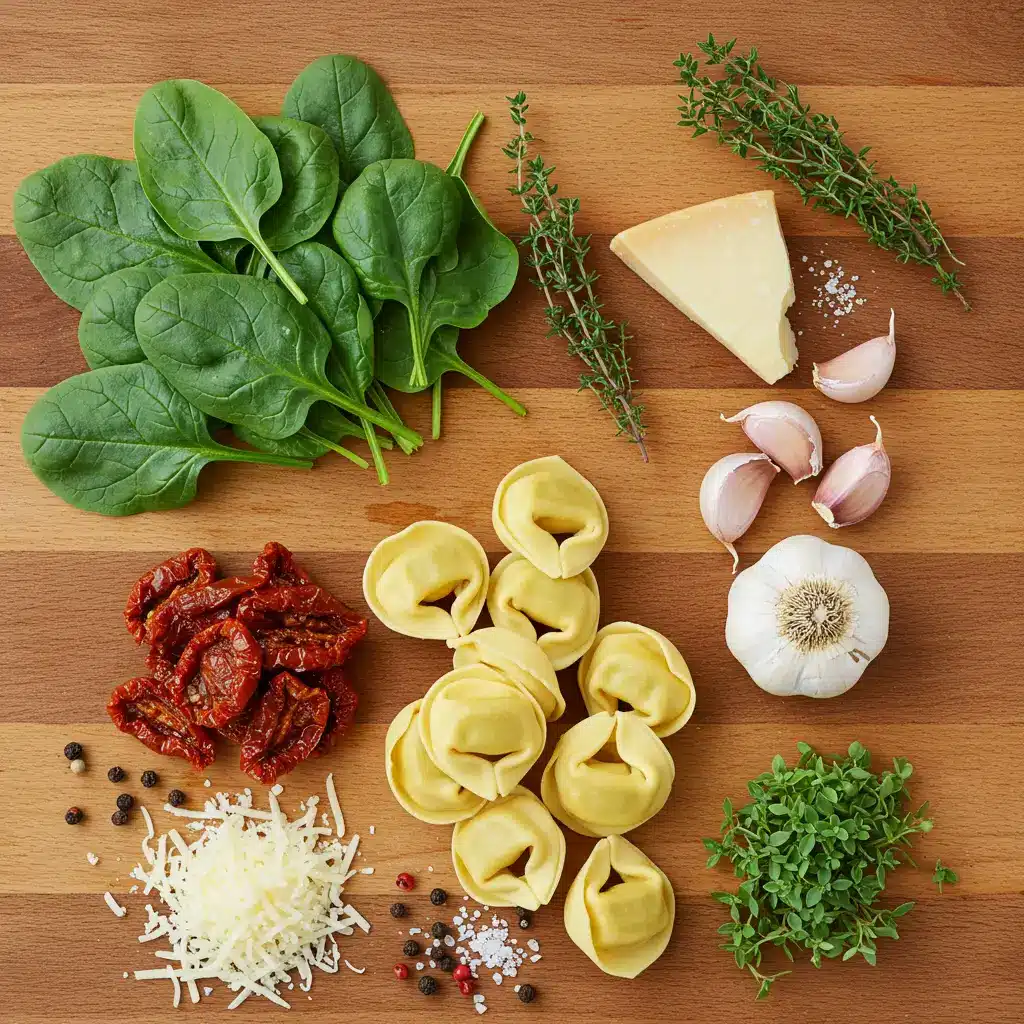 Ingredients for Creamy Tuscan Garlic Tortellini Soup on wooden table