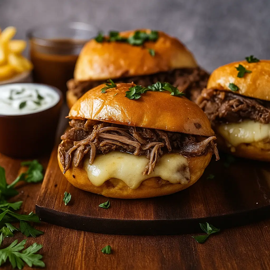 Crock Pot French Dip Sandwiches with au jus dipping sauce