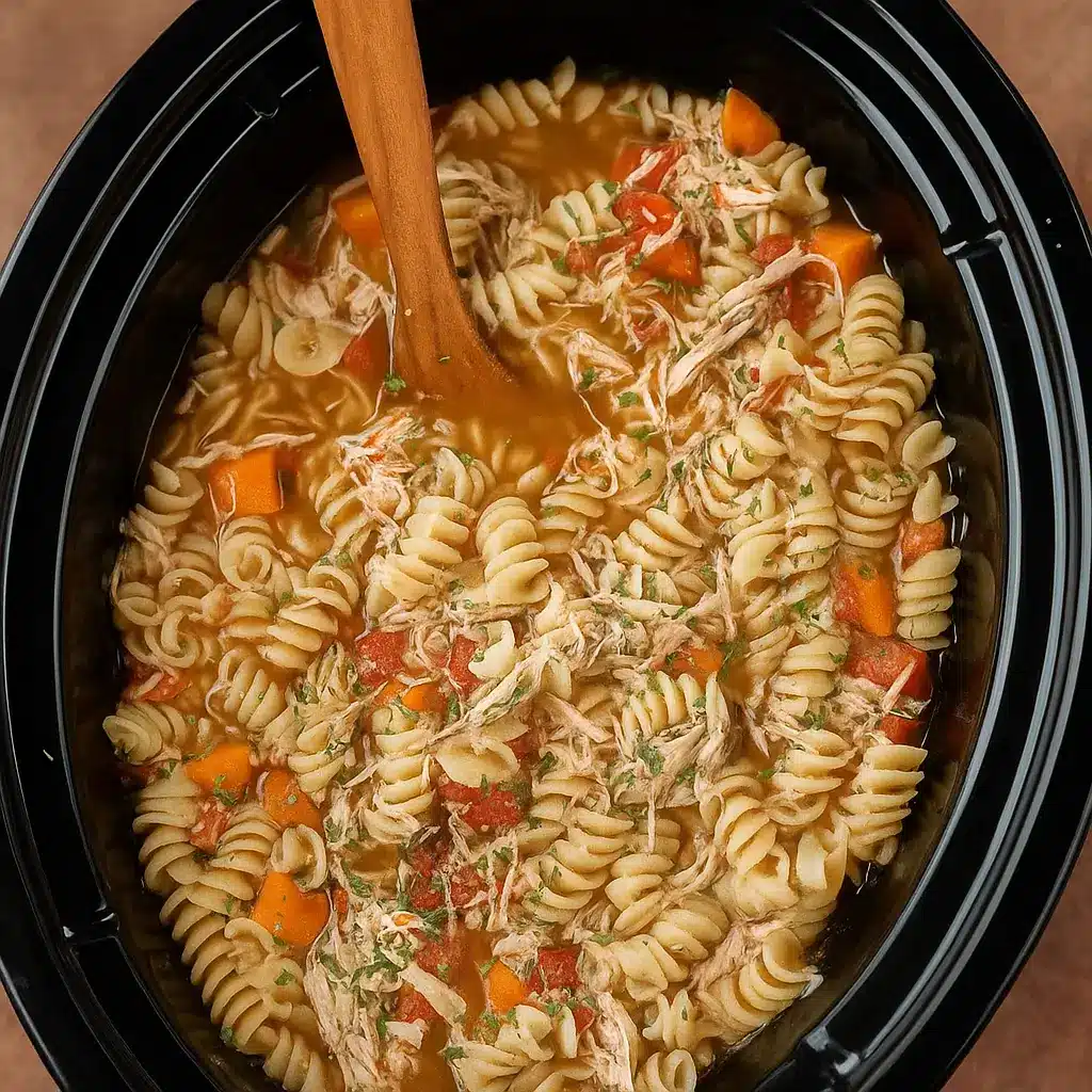Crock Pot Italian Chicken Soup in a bowl with pasta and parmesan
