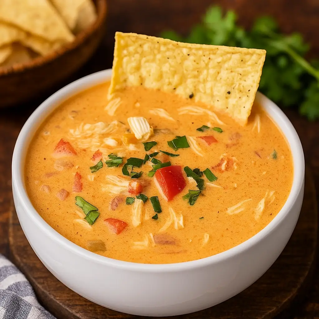 Crock Pot King Ranch Chicken Soup served in a bowl with cheese and tortilla chips
