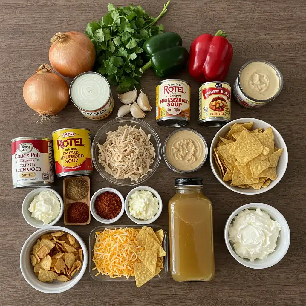 Ingredients for Crock Pot King Ranch Chicken Soup on a rustic kitchen counter