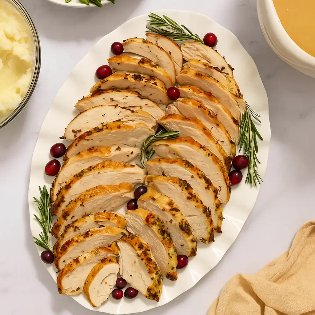 crock pot turkey breast served with mashed potatoes and green beans