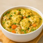 Crockpot Chicken and Dumplings in a rustic bowl