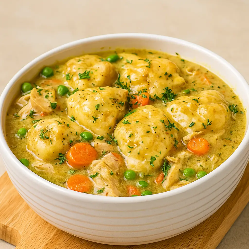 Crockpot Chicken and Dumplings in a rustic bowl