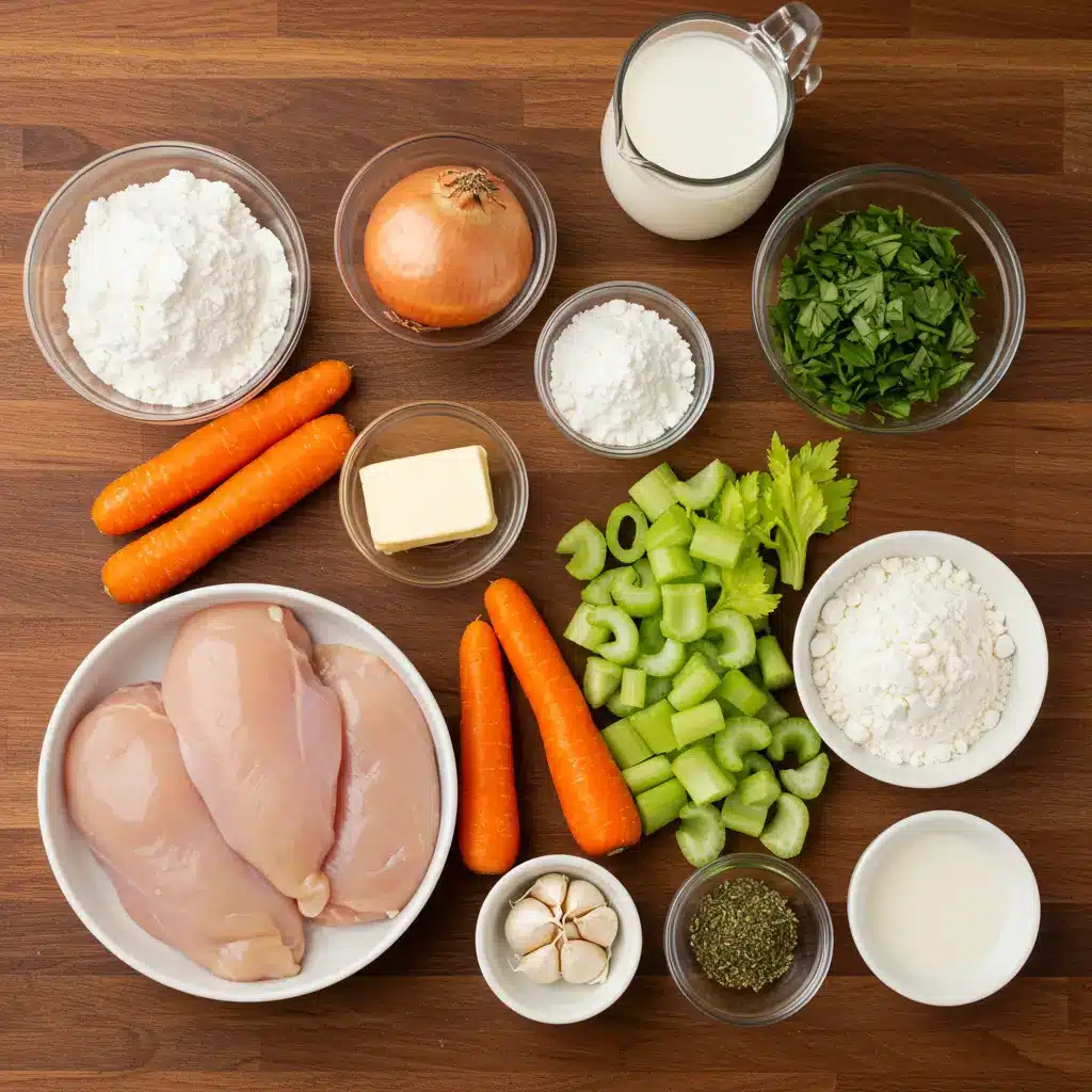 Crockpot Chicken and Dumplings ingredients on a wooden counter