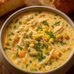 Crockpot Chicken Corn Chowder in a white bowl with parsley garnish