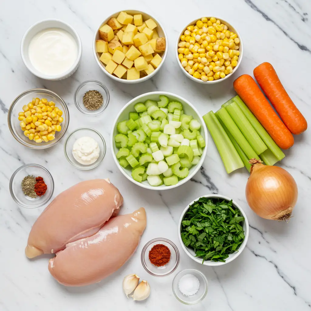 ngredients for Crockpot Chicken Corn Chowder on kitchen counter