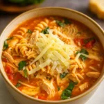 Crockpot Chicken Parmesan Soup in a rustic kitchen setting