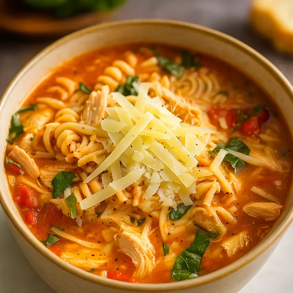 Crockpot Chicken Parmesan Soup in a rustic kitchen setting