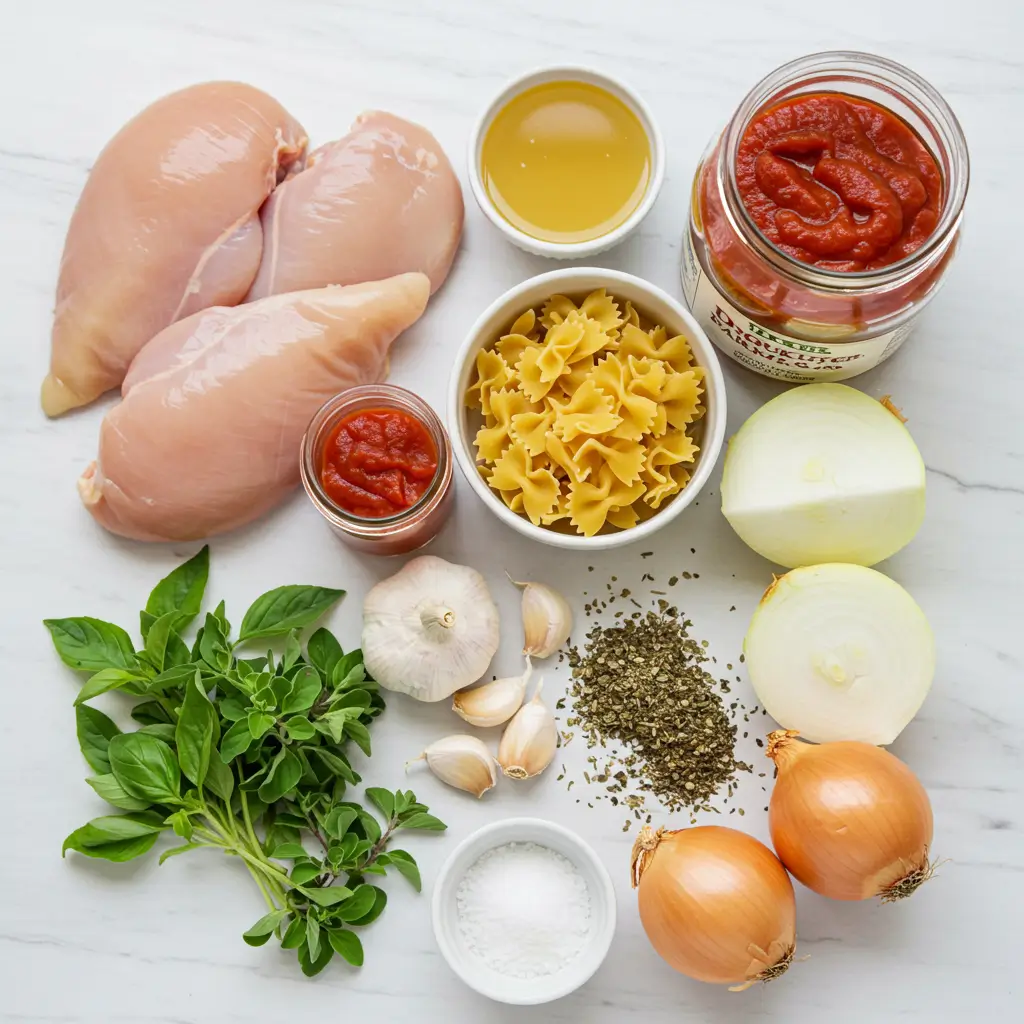 Ingredients for Crockpot Chicken Parmesan Soup on a white counter