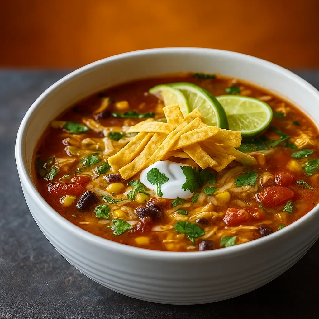 Crockpot Chicken Tortilla Soup served with tortilla strips and toppings