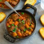 Crockpot Vegetable Beef Soup in rustic bowl
