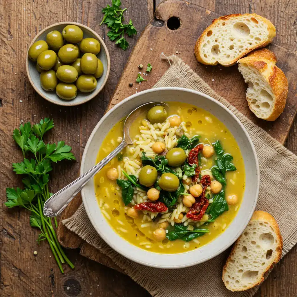 Green Olive Soup ingredients on a wooden table