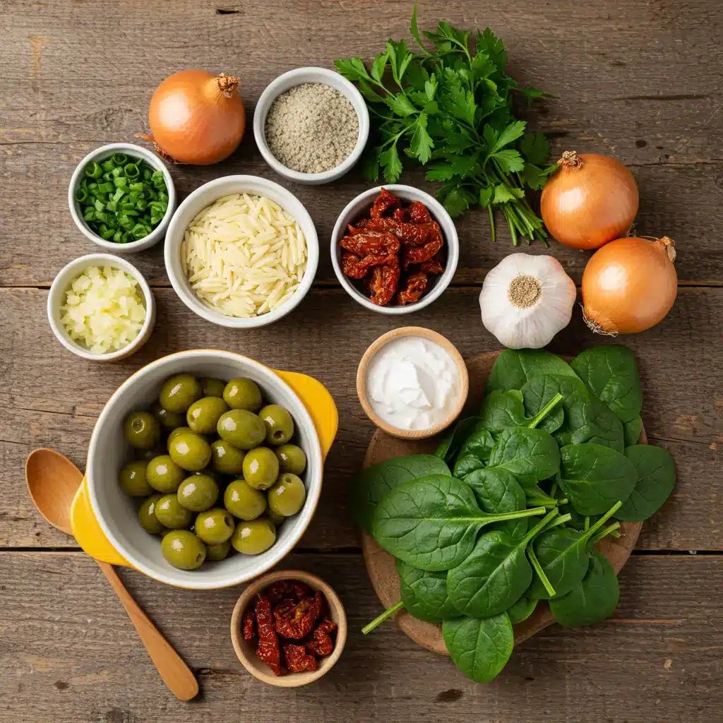 A rustic bowl of creamy green olive soup with orzo, chickpeas, and green olives served with bread.
