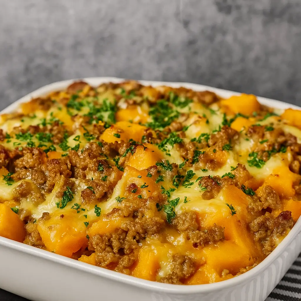 ground turkey sweet potato casserole baked with cheese