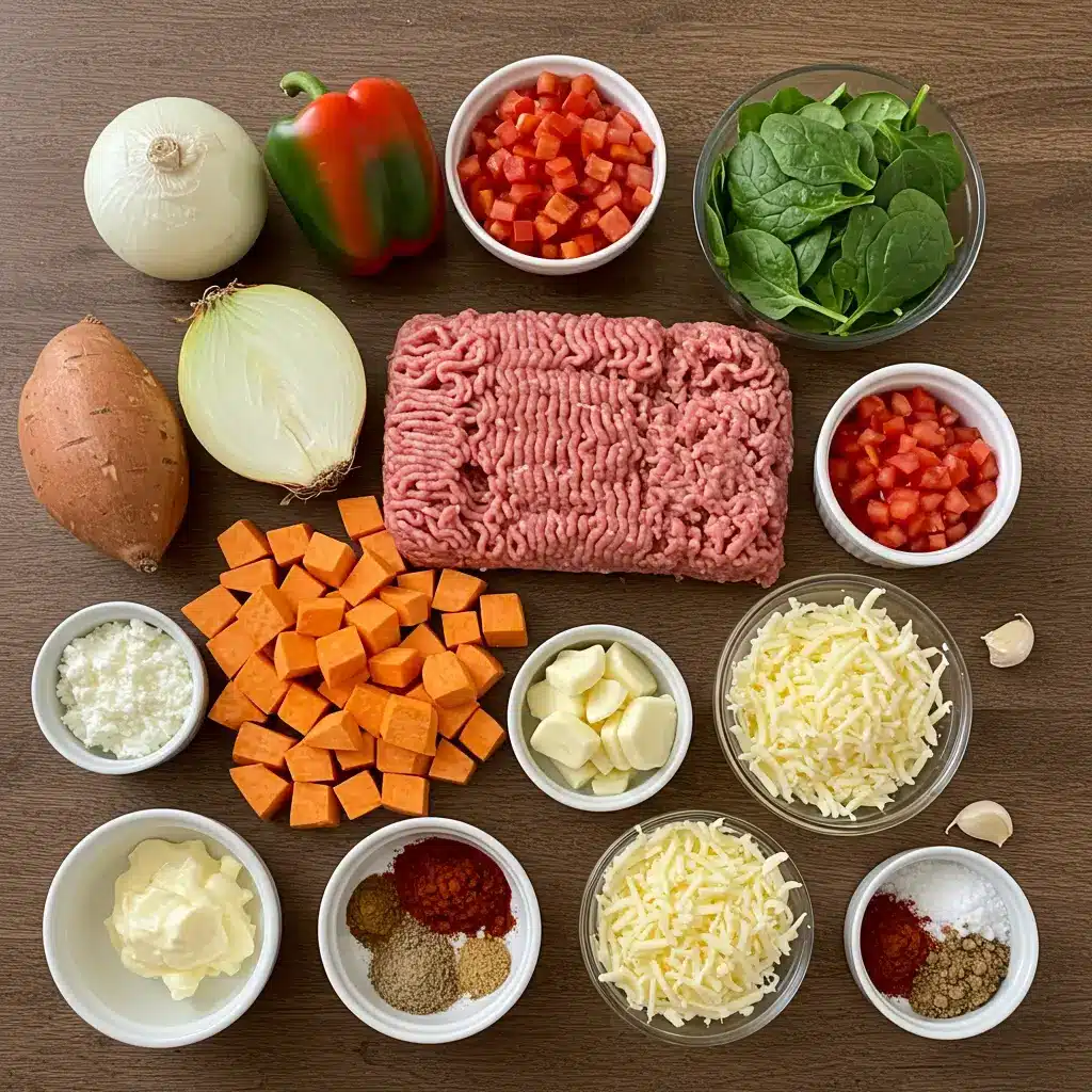 ingredients for ground turkey sweet potato casserole on a wooden counter
