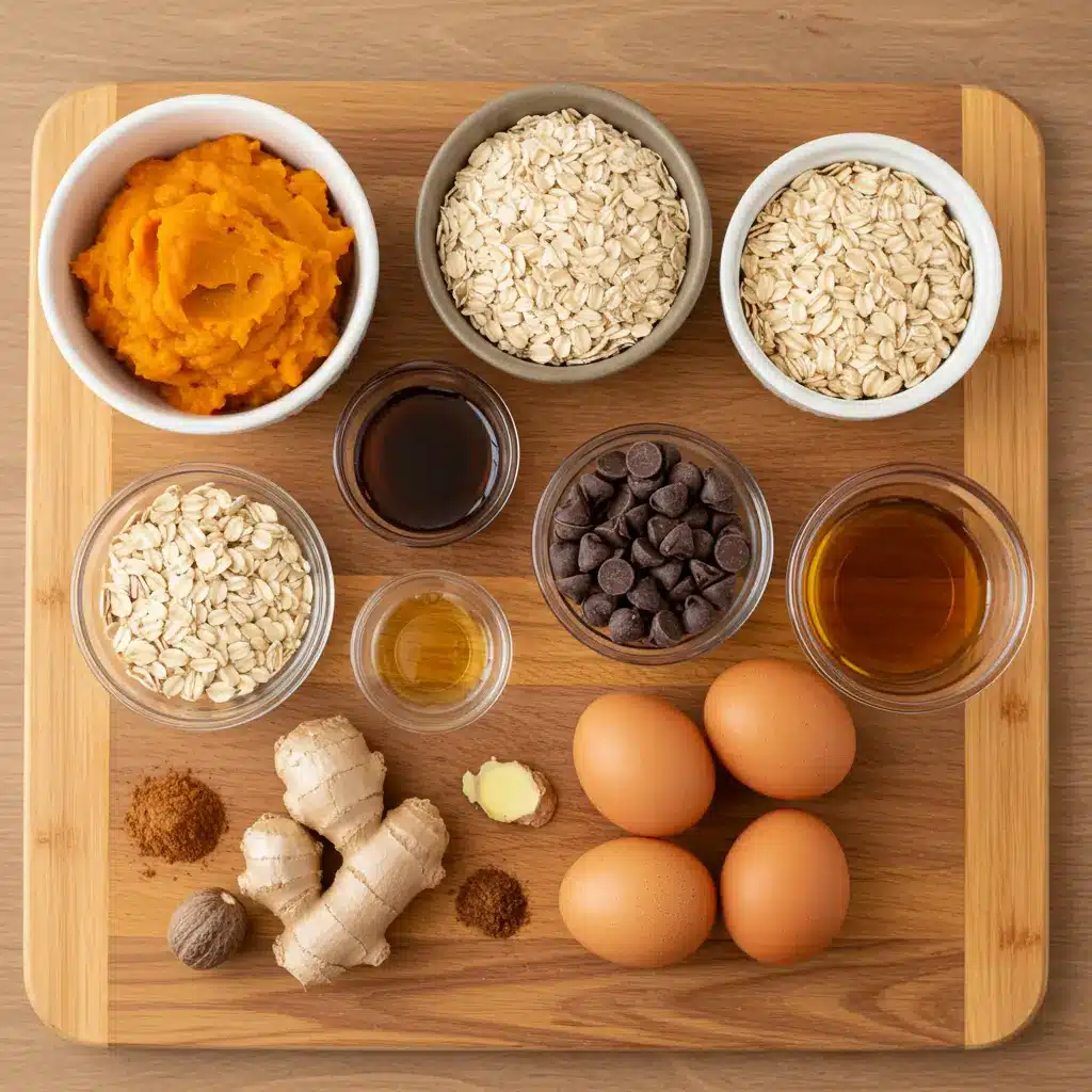 Ingredients for Healthy Pumpkin Oatmeal Bars arranged on a board