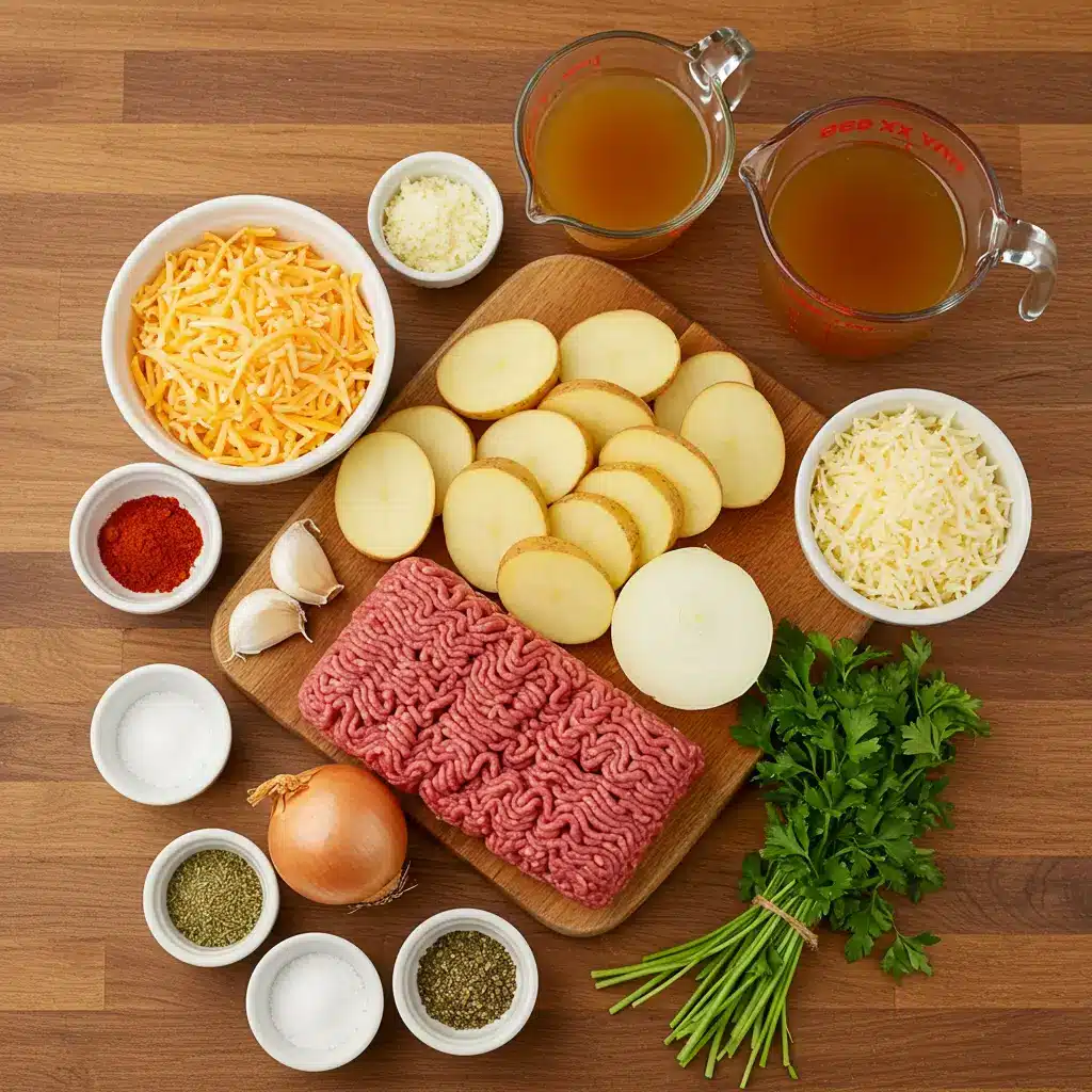 Ingredients for Hobo Casserole Ground Beef Recipe laid out on kitchen counter