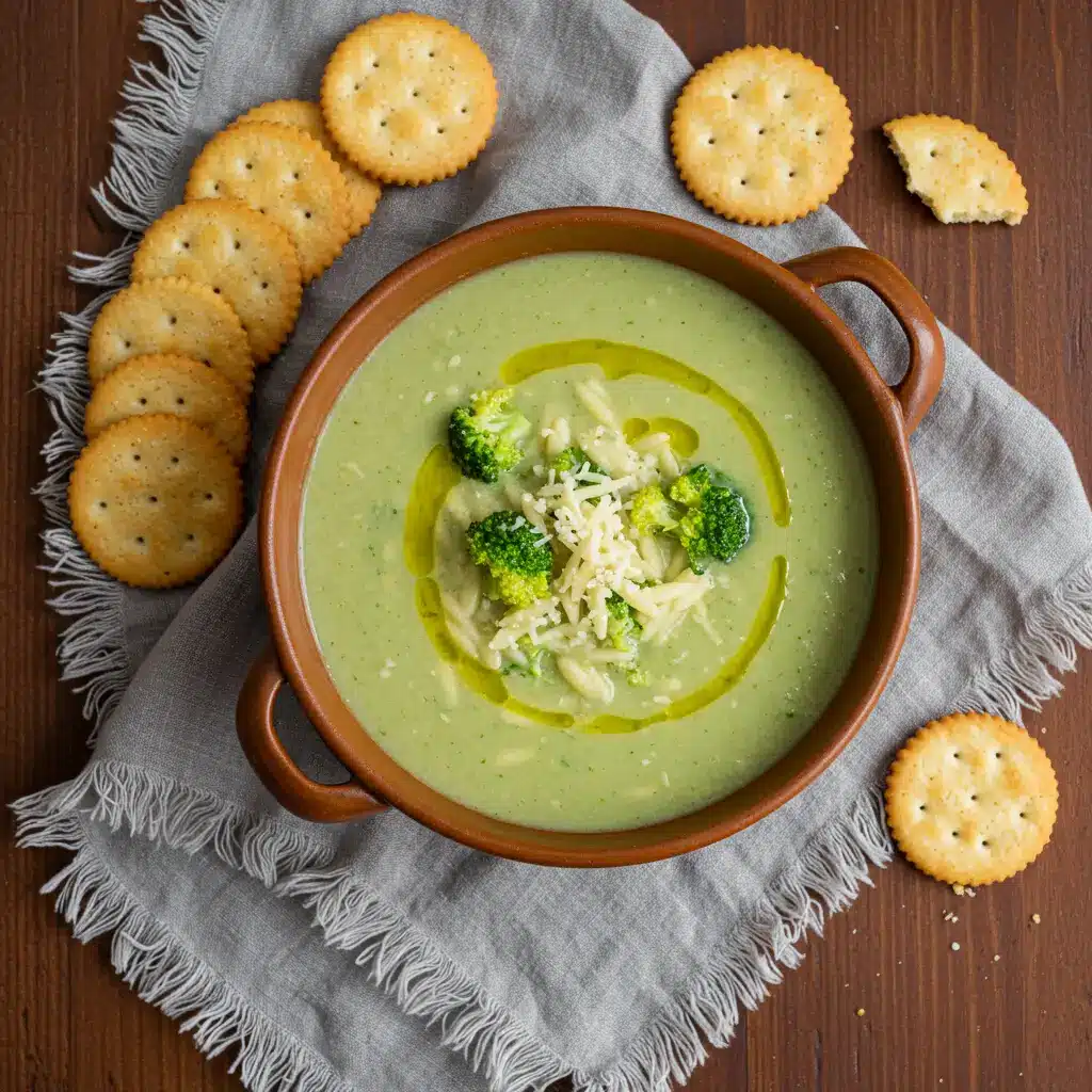 Italian Broccoli Soup topped with parmesan and olive oil in rustic bowl