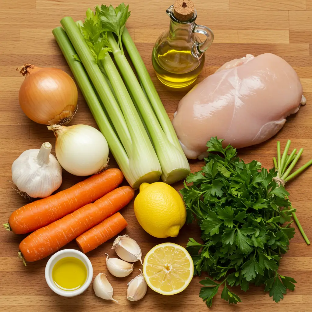 Italian Penicillin Soup Recipe ingredients flat lay