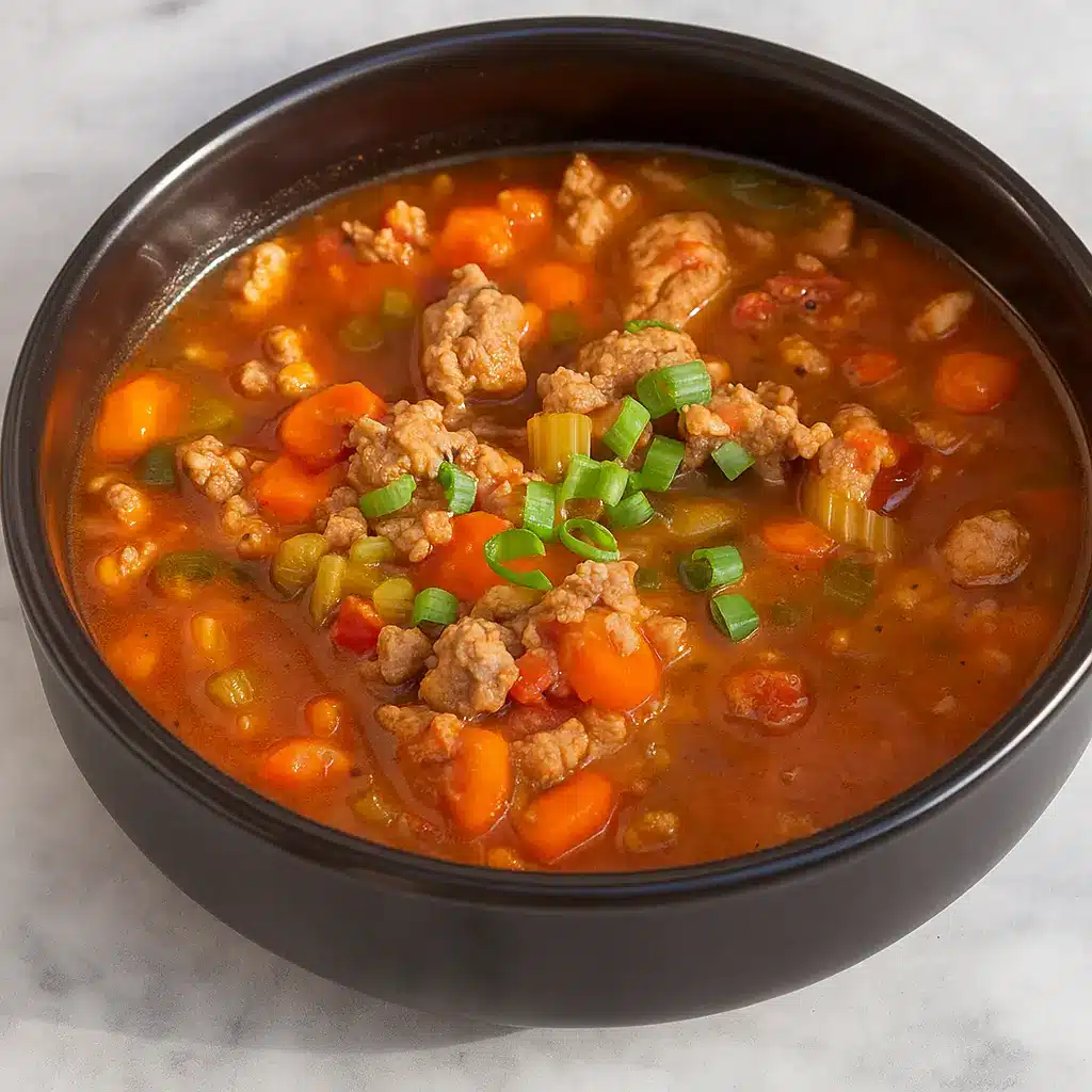 Italian Turkey Burger Soup in a rustic bowl with garnish.
