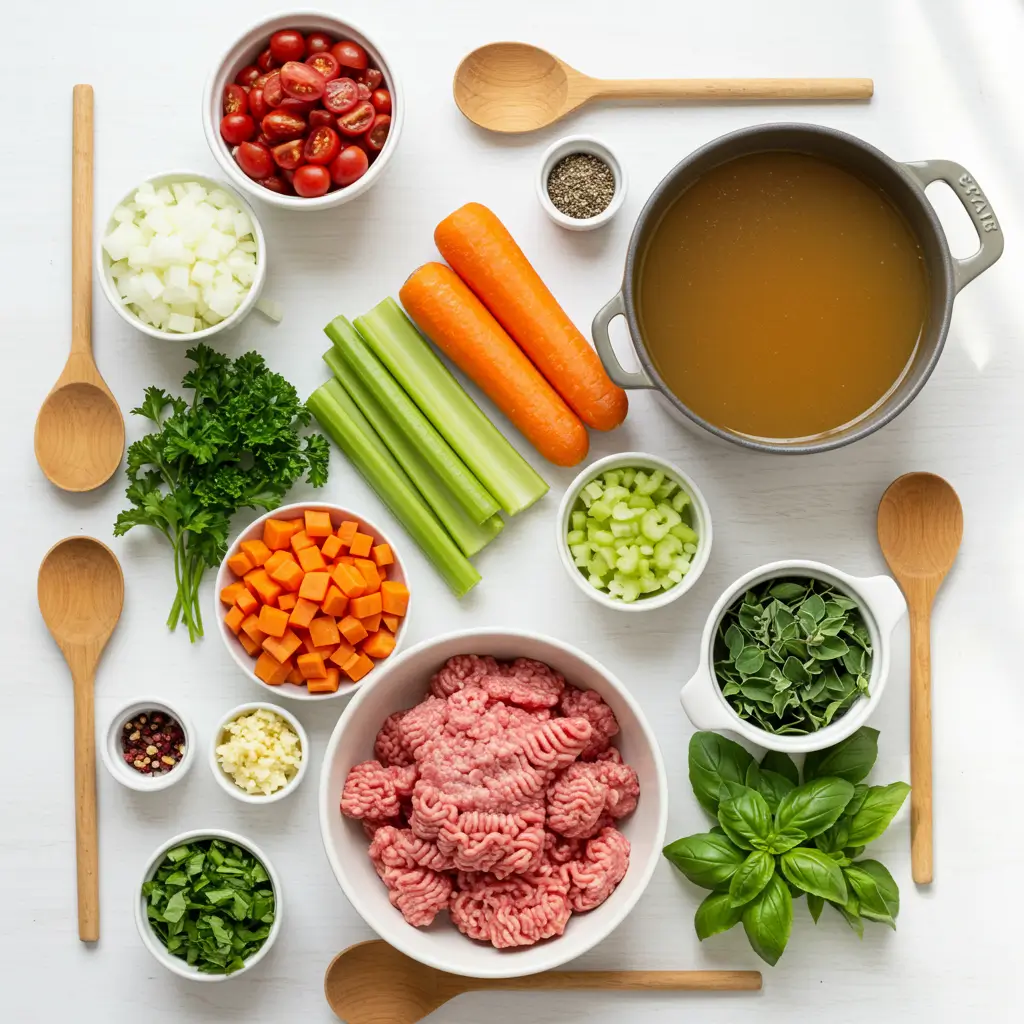 Ingredients for Italian Turkey Burger Soup laid out on countertop.
