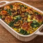 Low-Carb Chicken Spinach Mushroom Bake fresh from oven