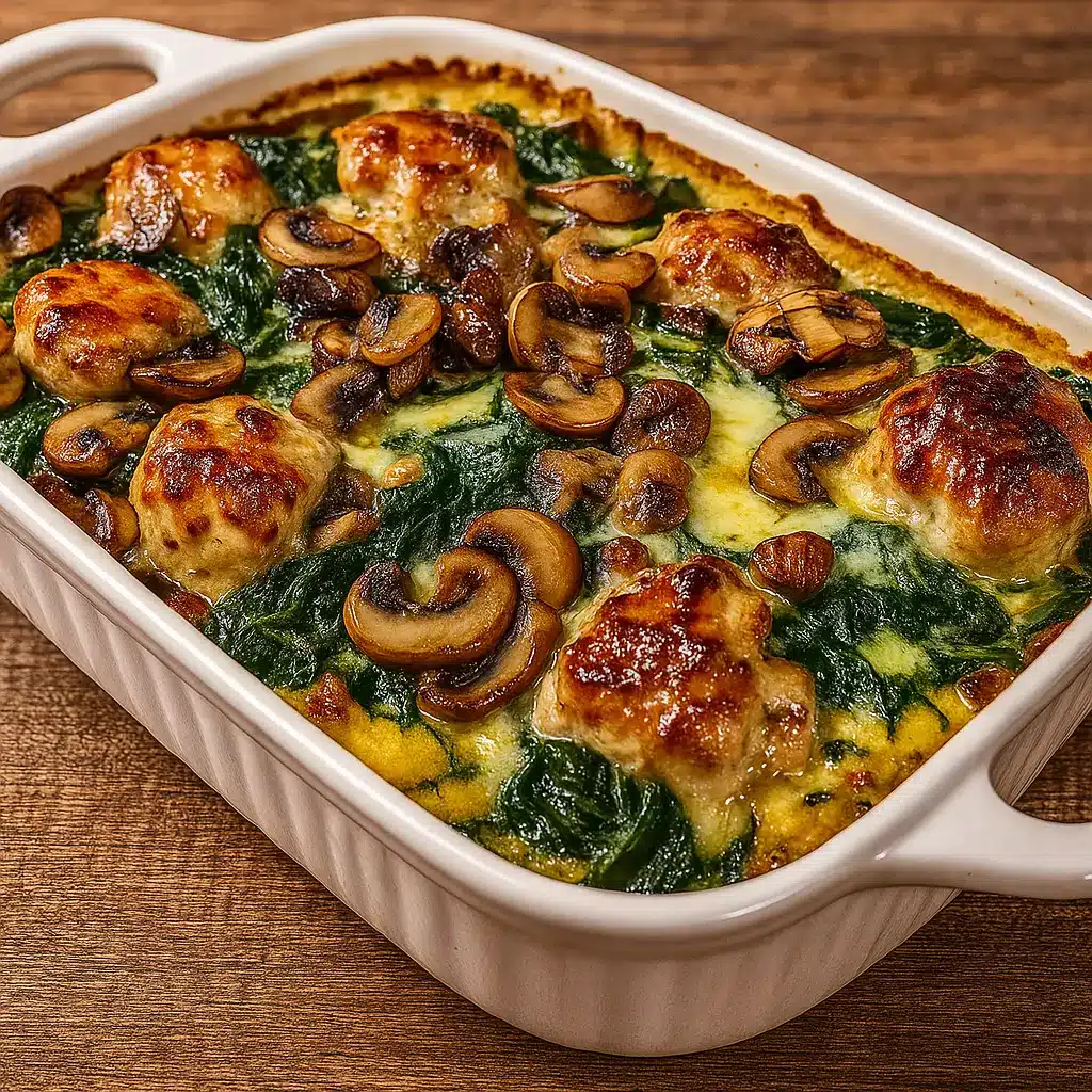 Low-Carb Chicken Spinach Mushroom Bake fresh from oven