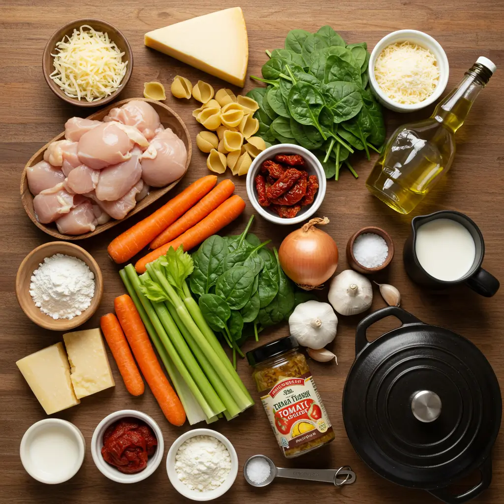 Ingredients for Marry Me Chicken Soup Recipe including chicken, pasta, cream, spinach, and vegetables