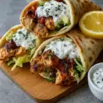 Mediterranean Chicken Gyros with Creamy Feta Tzatziki on a rustic table