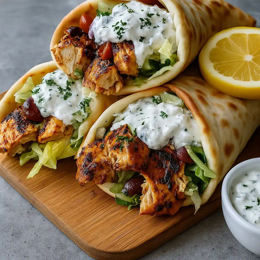 Mediterranean Chicken Gyros with Creamy Feta Tzatziki on a rustic table