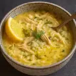 Mediterranean Lemon Chicken Soup in rustic bowl with dill and lemon wedges