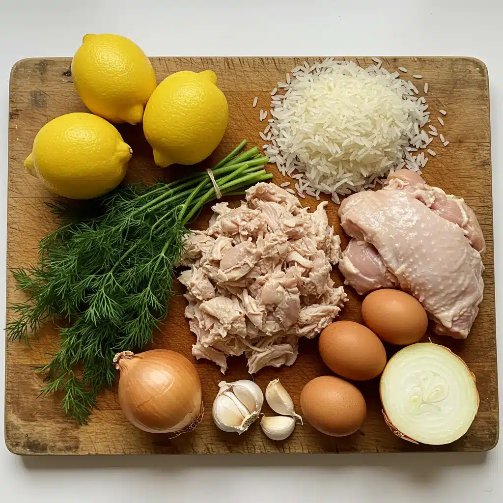 Mediterranean Lemon Chicken Soup ingredients arranged on a board