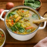 Hearty Mediterranean Lentil Soup in a white Dutch oven with fresh veggies