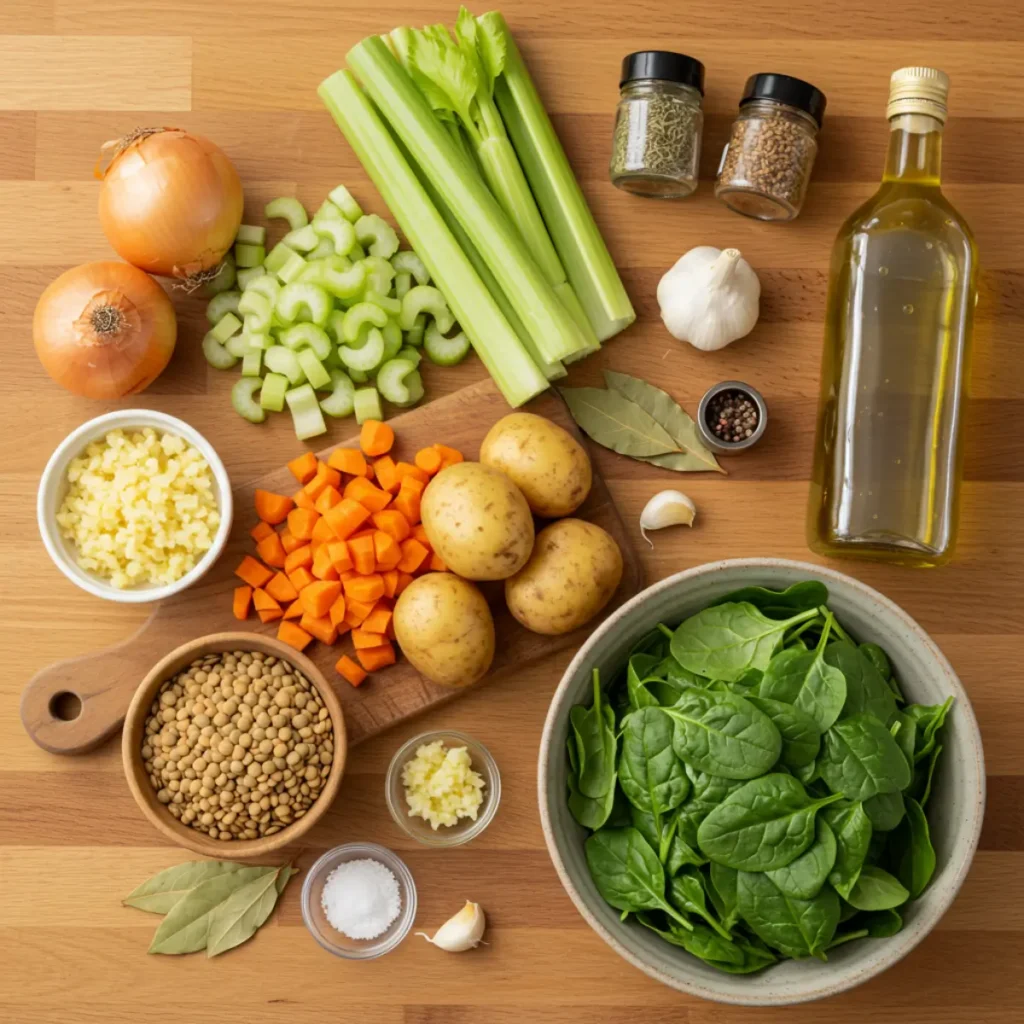 Ingredients for Mediterranean Lentil Soup laid out on wooden countertop