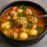 Mexican Meatball Soup in black bowl with potatoes, carrots, and meatballs