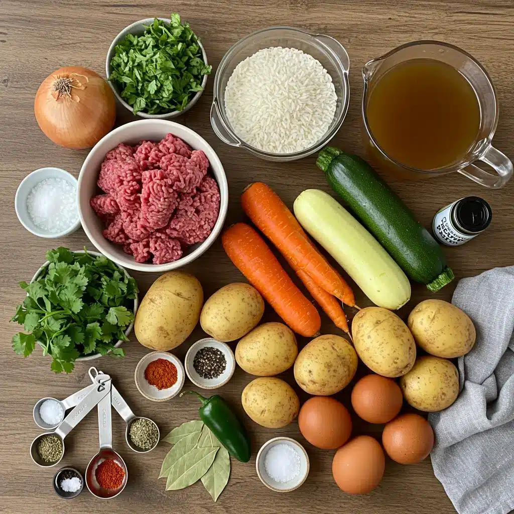 Ingredients for Mexican Meatball Soup displayed on a rustic kitchen counter