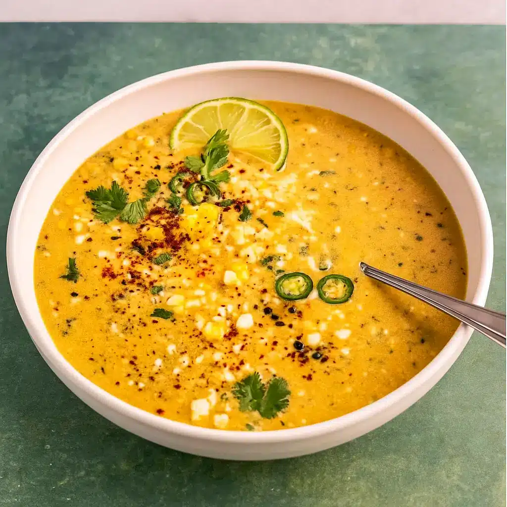 Mexican Street Corn Soup in a bowl topped with cotija, crema, and lime
