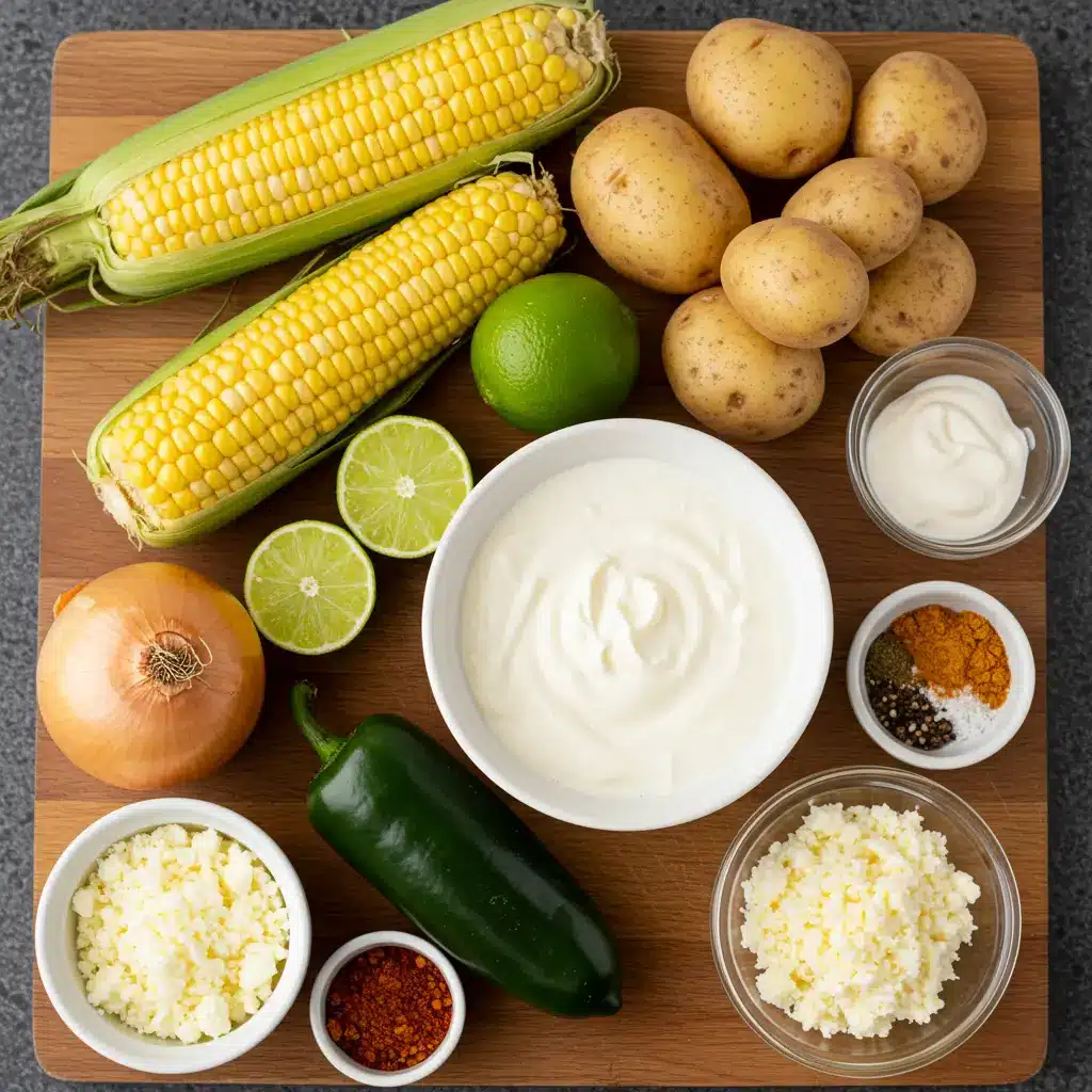 Ingredients for Mexican Street Corn Soup on a cutting board