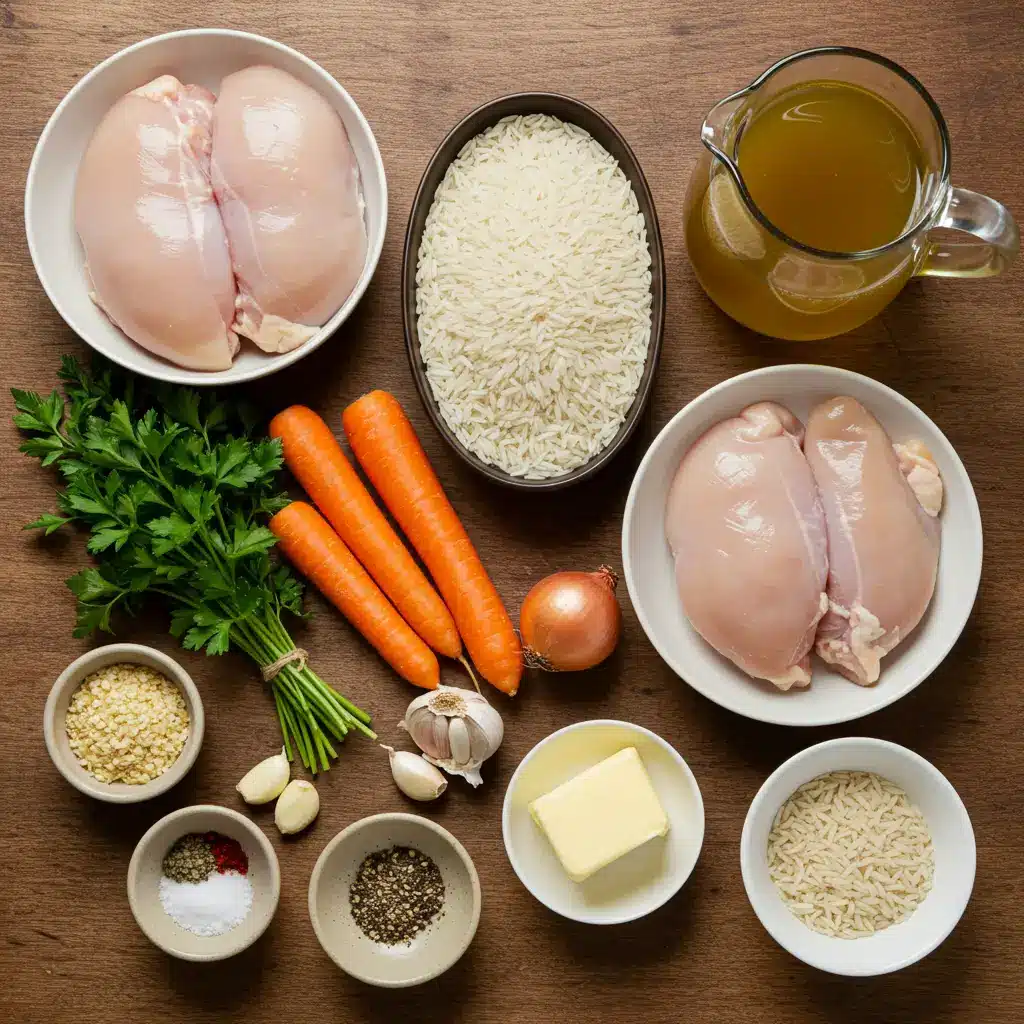 one pot chicken and rice ingredients laid out