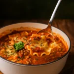 one pot lasagna soup recipe served hot with melted mozzarella