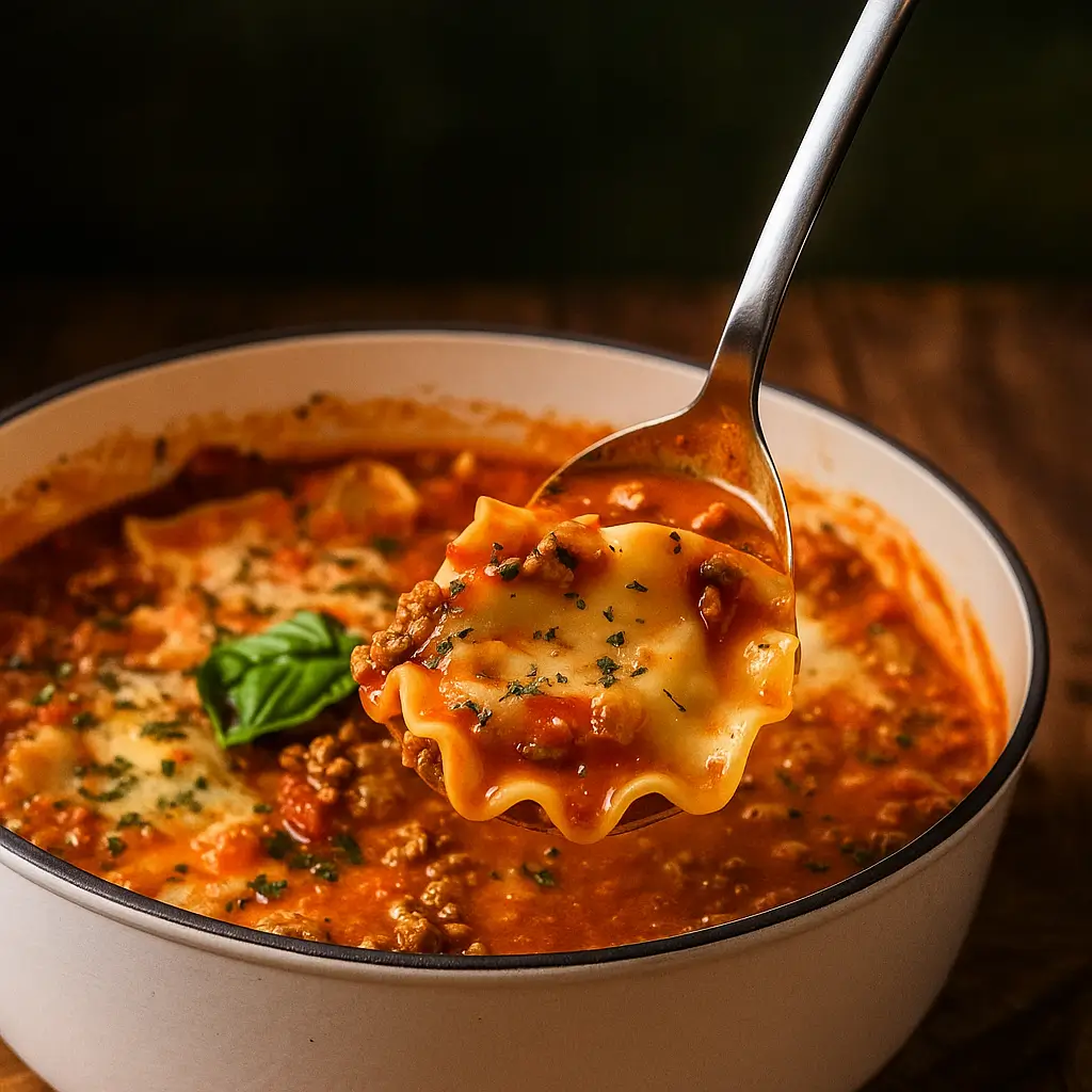 one pot lasagna soup recipe served hot with melted mozzarella