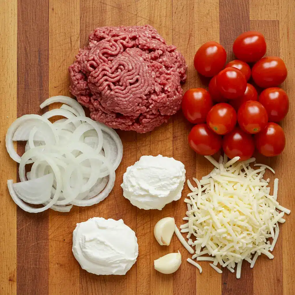 one pot lasagna soup recipe ingredients on wooden counter
