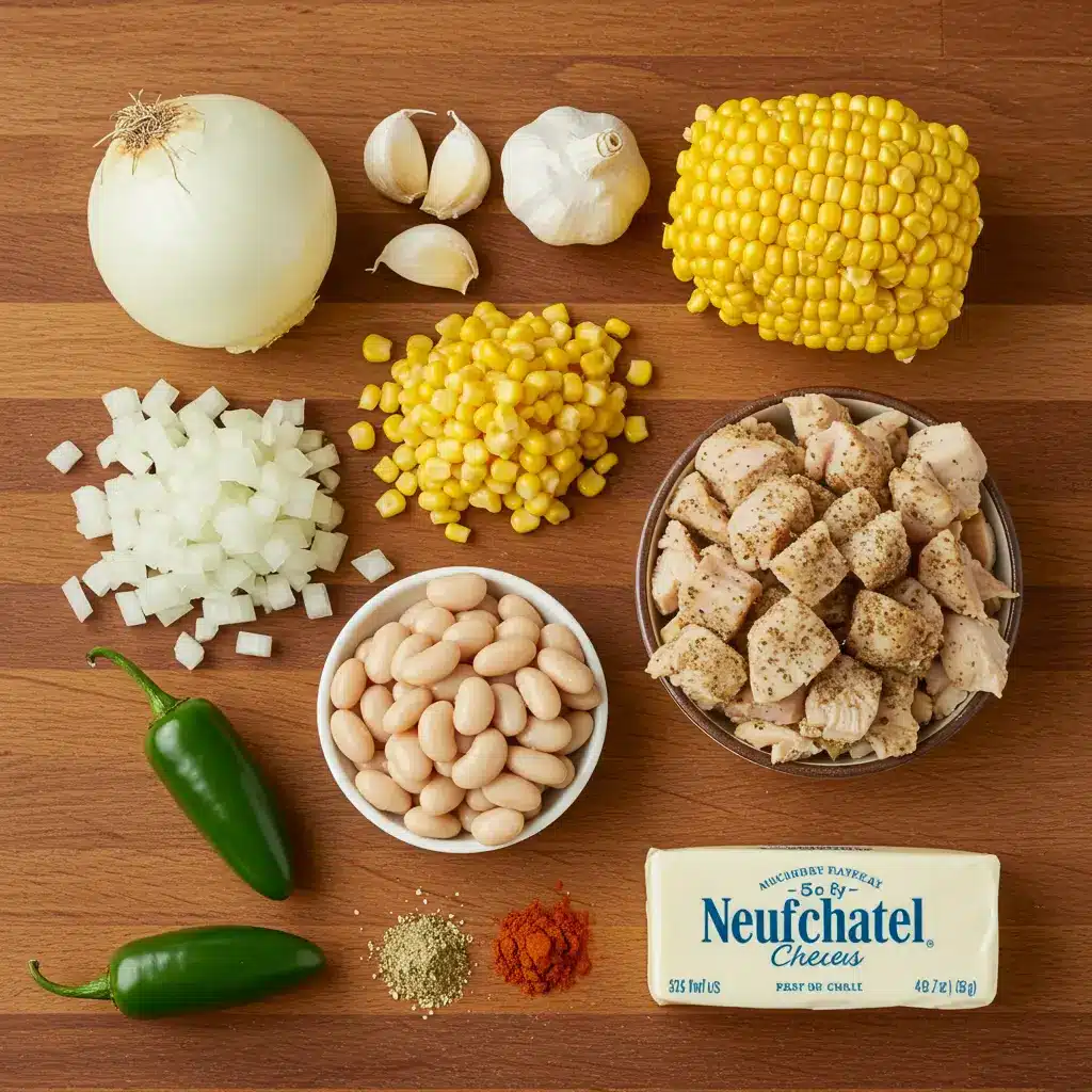 Pioneer Woman White Chicken Chili ingredients on wooden table