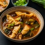 Potsticker Soup with dumplings, mushrooms, and bok choy in rich broth