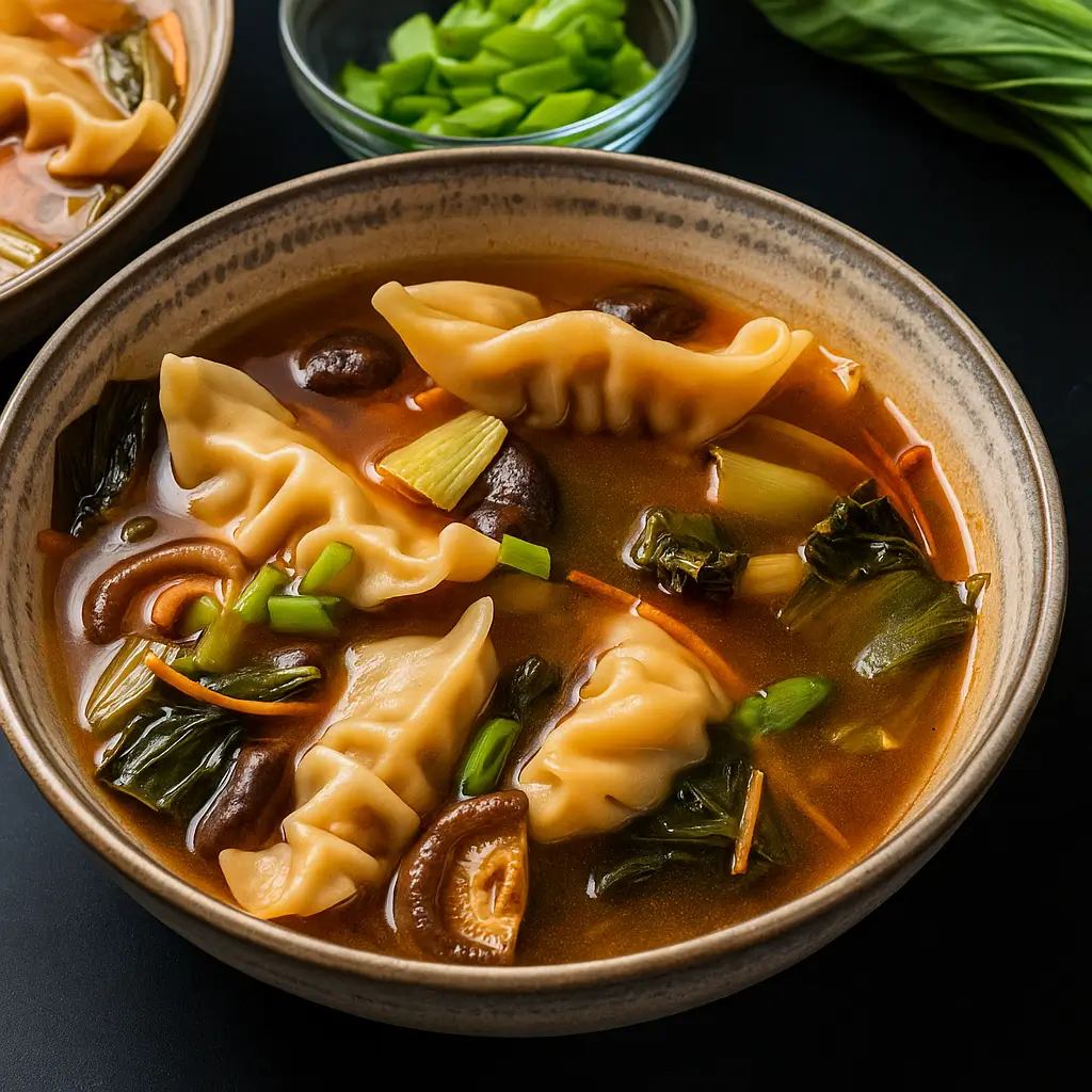 Potsticker Soup with dumplings, mushrooms, and bok choy in rich broth