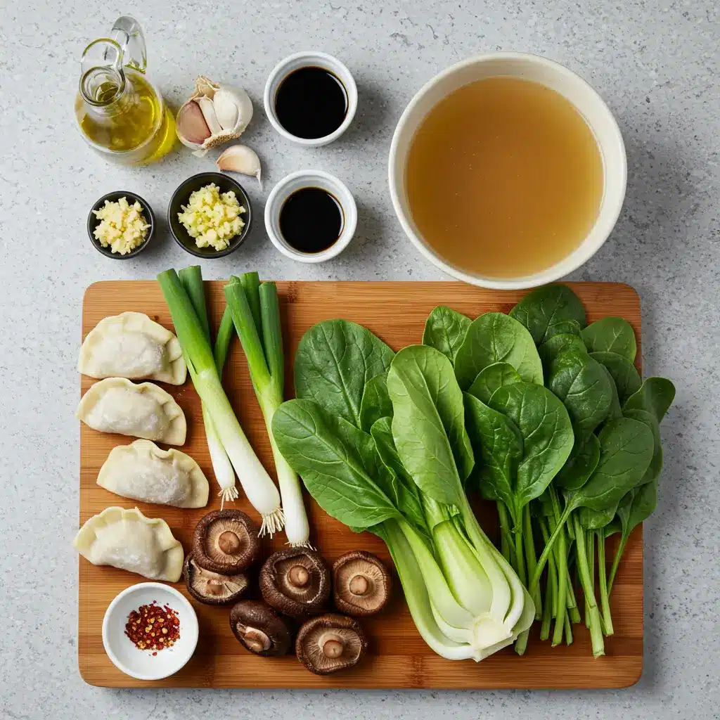 Potsticker Soup ingredients including dumplings, broth, garlic, ginger, and greens